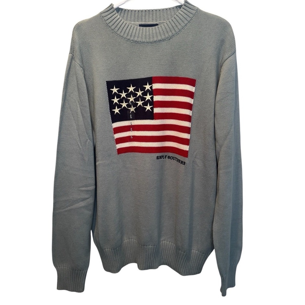 Simply Southern Gray Preppy USA Flag Mens Knit Cotton Sweater L NEW Patriotic